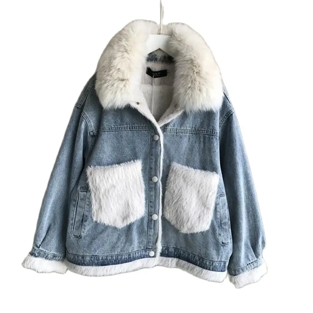 Winter Women Denim Fur Coat Streetwear Lady Casual Thick Jackets Parka Female Single Breasted Outwear Warm Velvet Overcoat