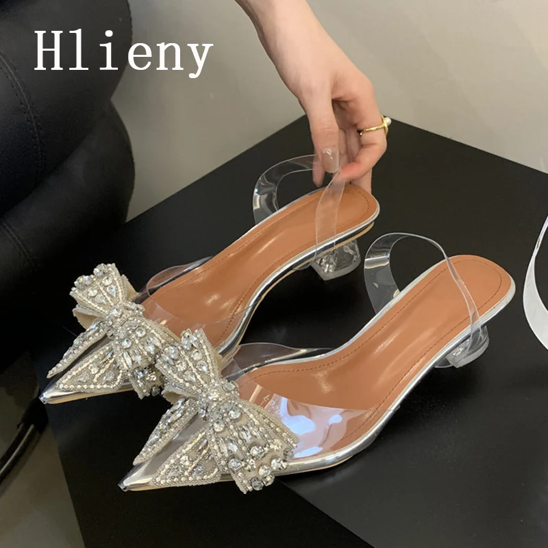 Hlieny-zapatos de tacón alto y bajo para mujer, sandalias transparentes de PVC, con lazo de cristal y punta estrecha plateada, y boda para fiesta,