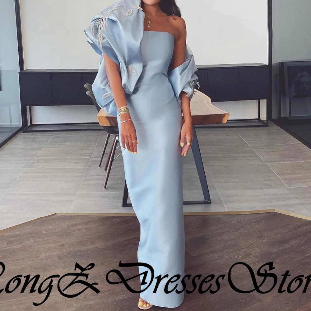 CustomizedSatin Straight Half Sleeves Off the Shoulder Ankle Length Pleats Solid Color Fashion Crystal Bespoke Occasion Gowns Cl image 3