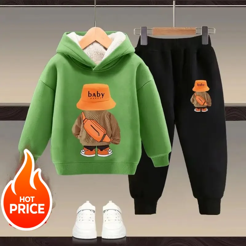 winter Boys Clothes plush warm long sleeve& trousers 2 Pieces Set Teenage Girls & Boys Printed bear hoodies Fashion Casual Top &