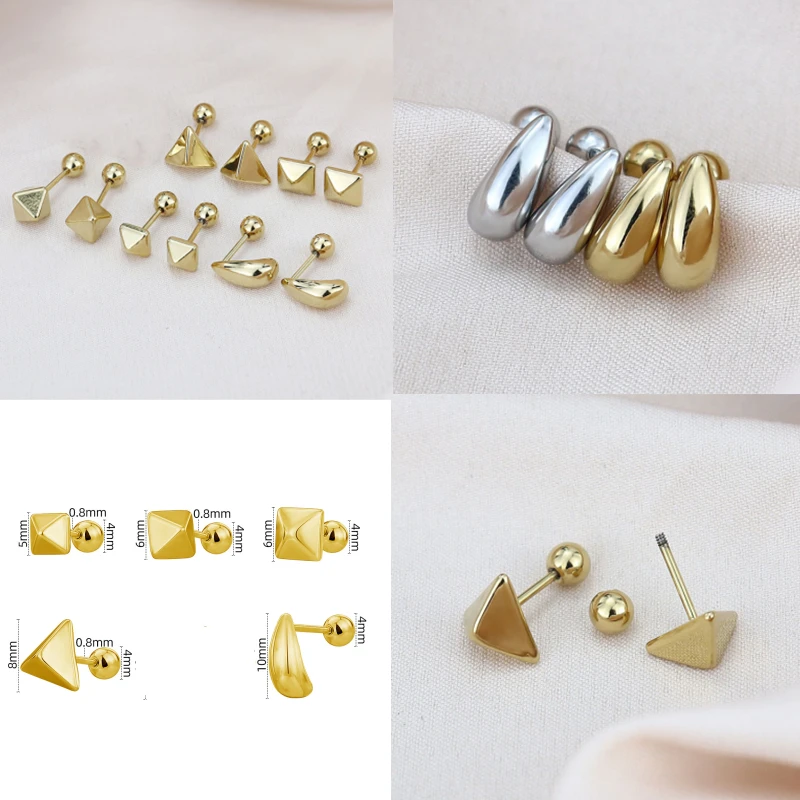 2PC Geometric Pyramid Wire Screw-Back Stud Earrings Set Stainless Steel Delicate Jewelry for Men And Women
