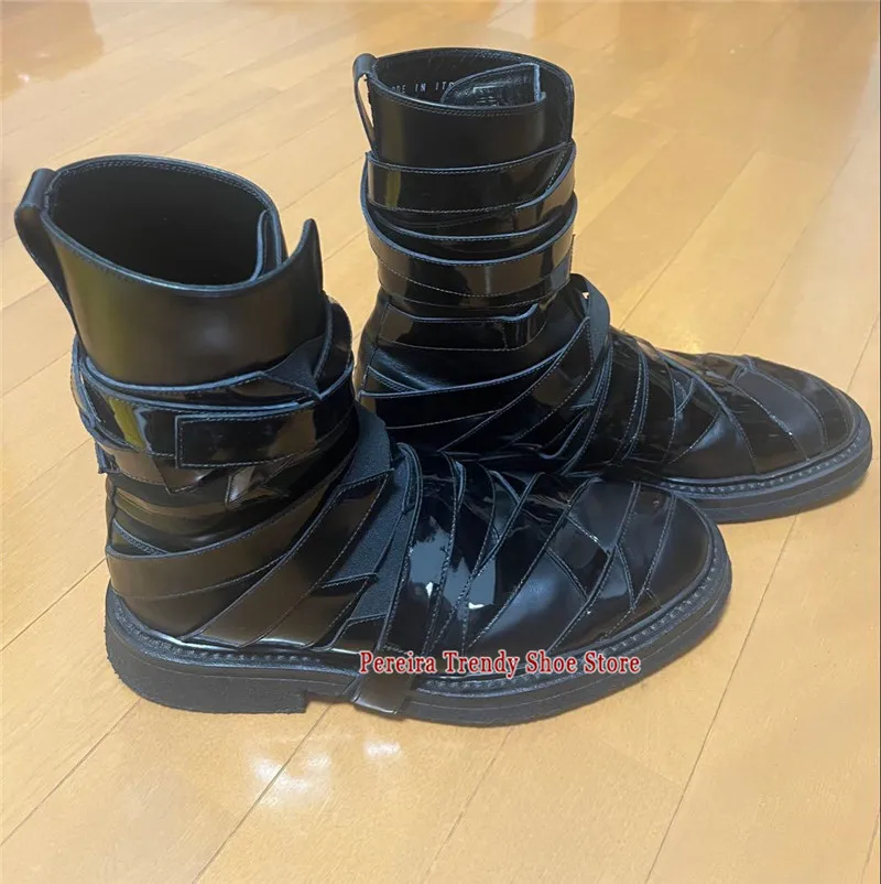 Autumn Winter New Black Patent Leather Cross Strap Short Boots Trendy Round Toe Side Zipper Chelsea Booties Party Banquet Shoes