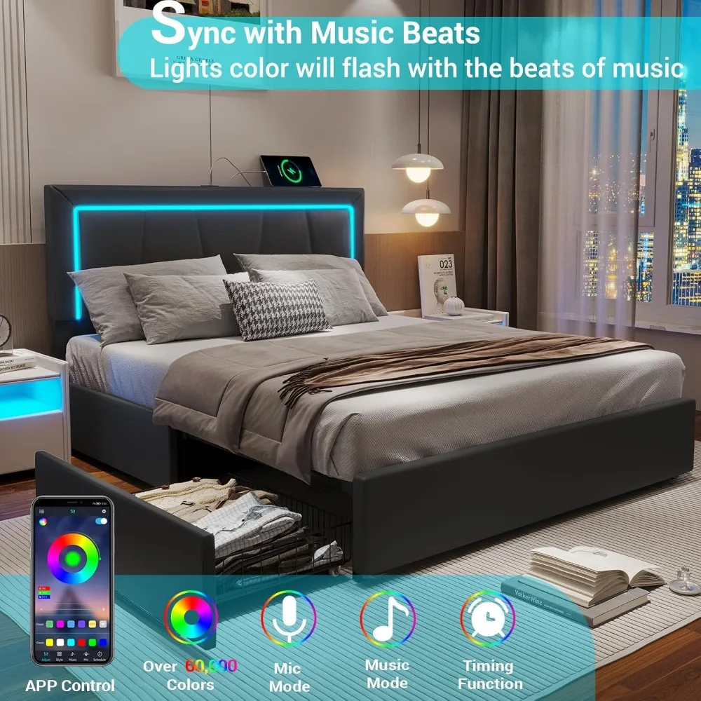 سرير علوي للألعاب بحجم مزدوج من Linique مع مكتب، ومصابيح LED ودرج، وإطار سرير معدني علوي مع مساحة تخزين داخلية شبكية بفتحات تهوية، Bla