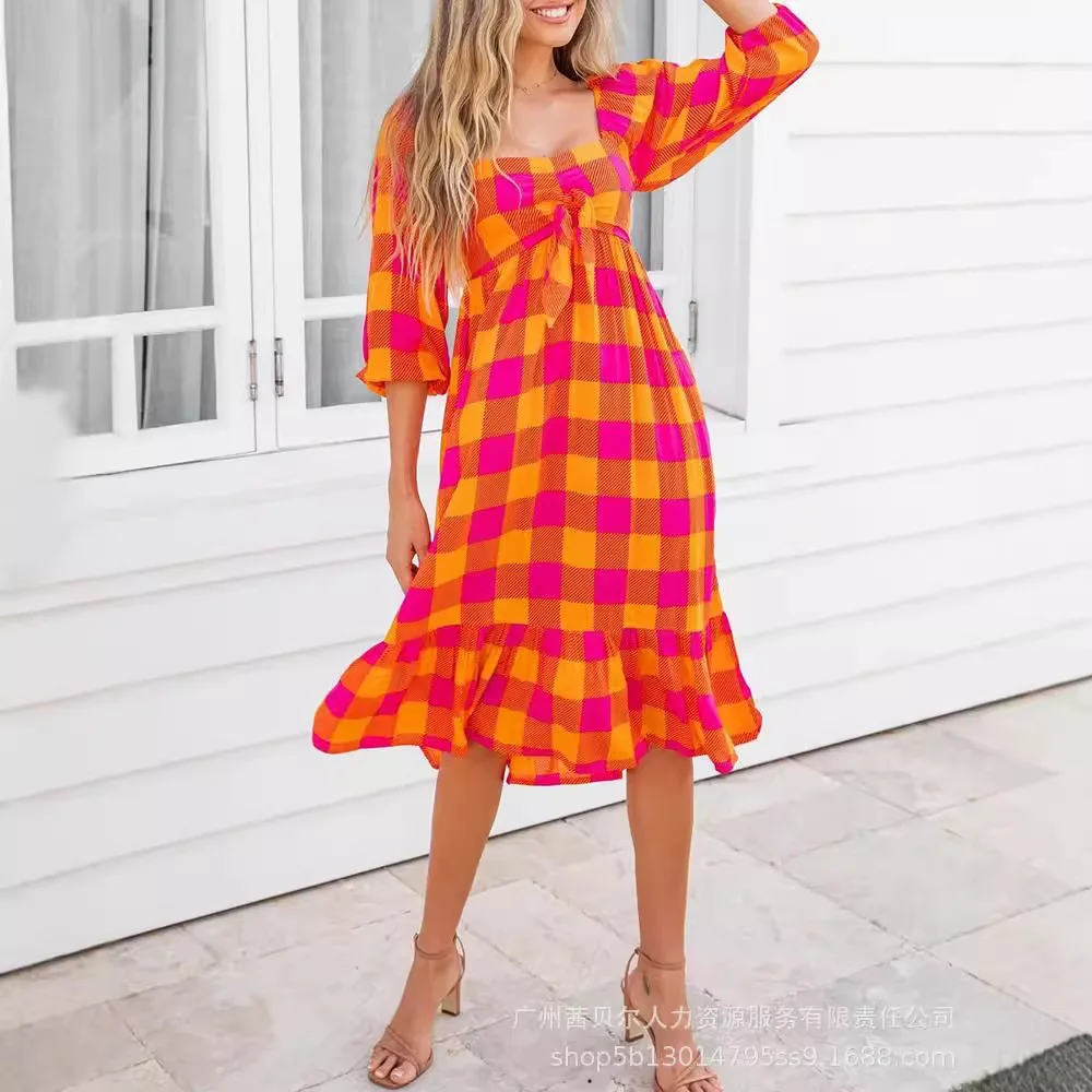 Women Print Plaid Dresses Square Neck Ruffles Splice A Line Long Dress Casual Vestidos Puff Sleeve Elegant Lady Bohemian