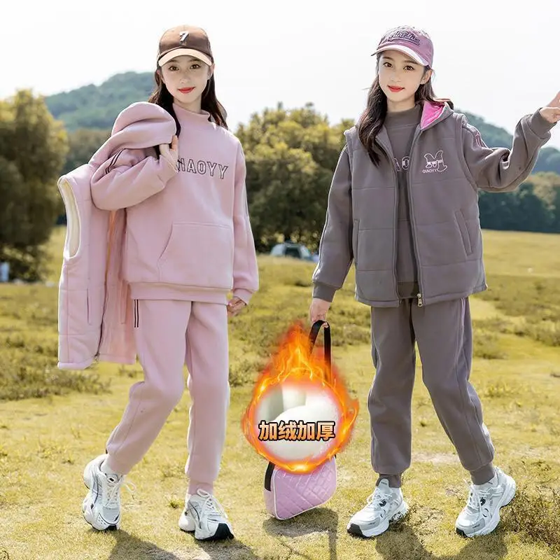 

New Fashion 3-Piece Set Children's Clothing Kawaii Casual Coat Child Sets Autumn Clothes Girls Junior Bottom Tracksuit Kids Hot