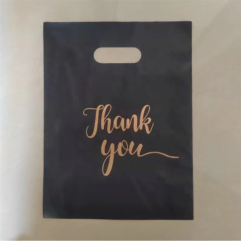 Producto personalizado, bolsas de agradecimiento de plástico de fábrica, bolsas de compras negras reutilizables para embalaje de ropa, negocios