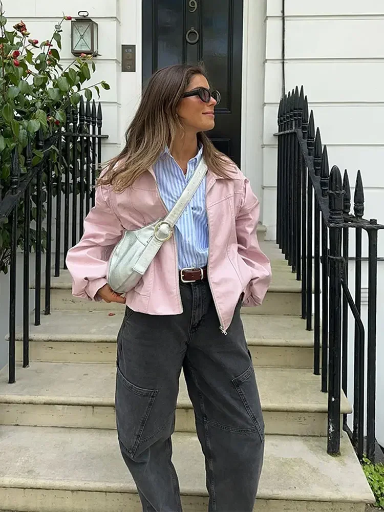 Chaquetas de cuero con solapa y cremallera para mujer, ropa de calle elegante de manga larga con bolsillo, color rosa, 2024