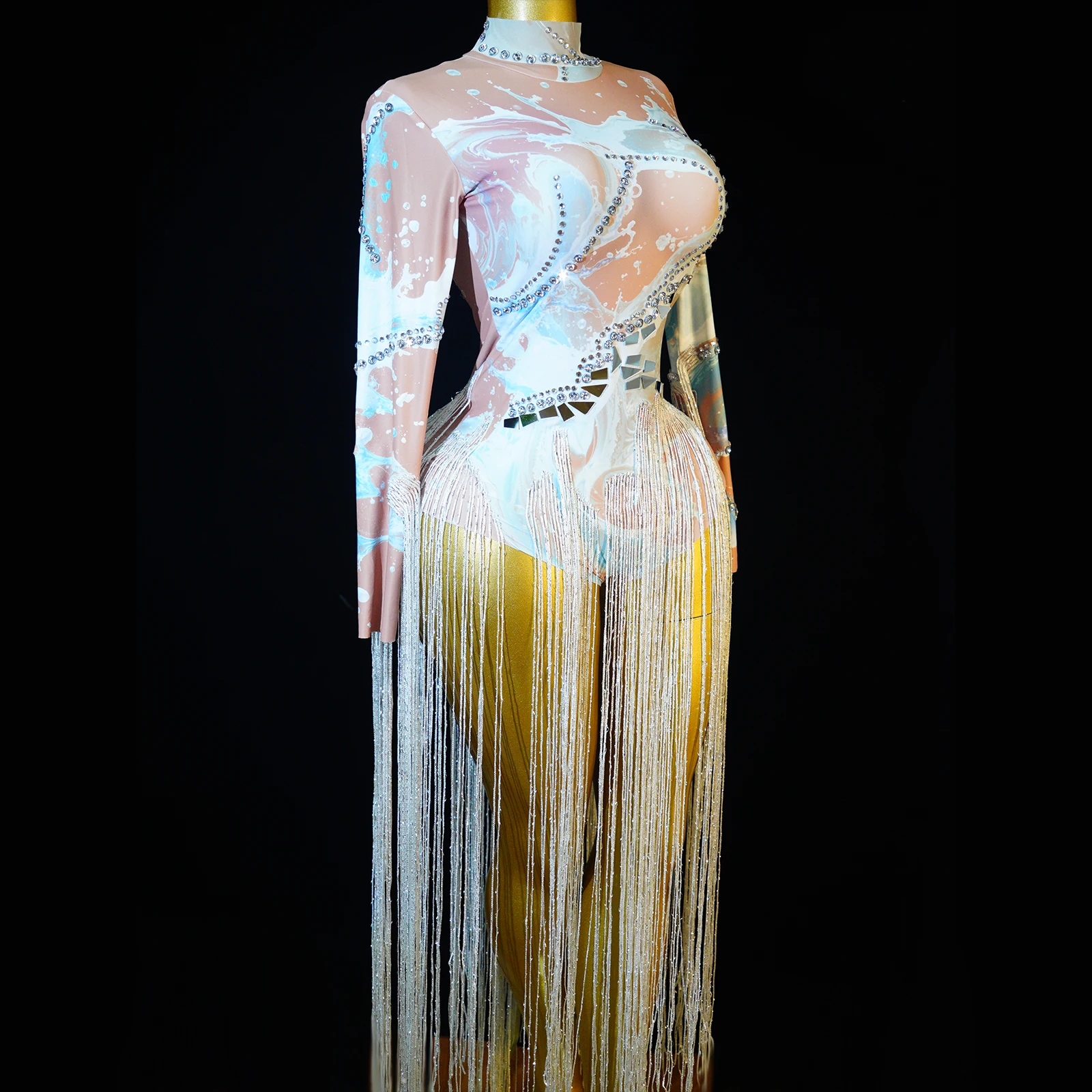 Luxurious Pendant Tassel Bodysuit New Shiny White Mirrored Bodysuit Party Birthday Club Party Drag Queen Singer Dance Costume view 3