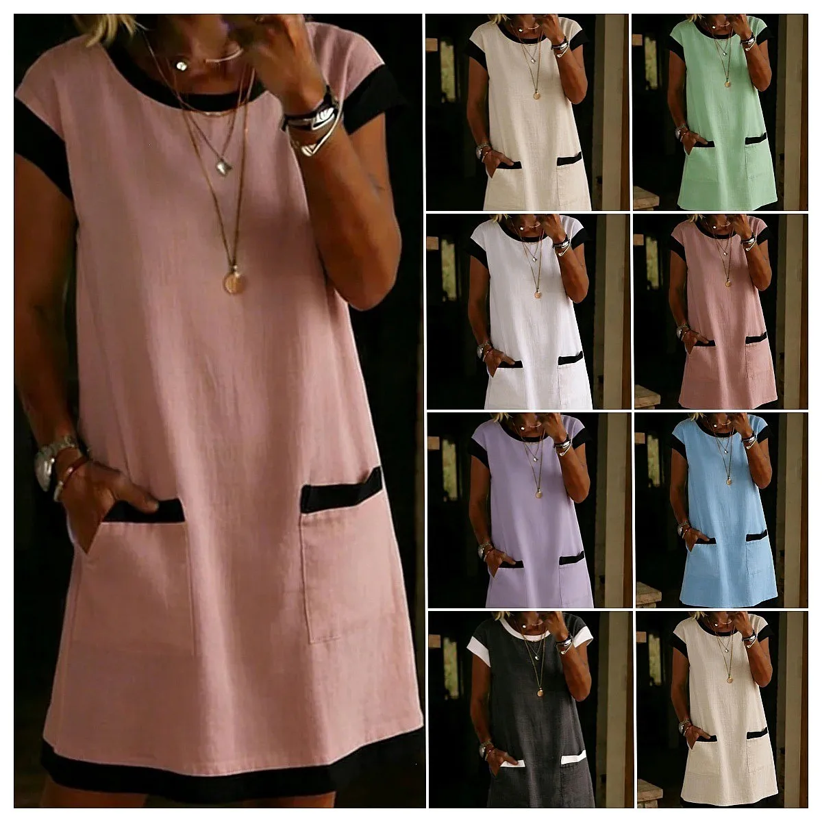Spring Summer Color Block Pocket T Shirt Dress Tee Top Dresses