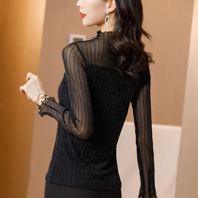 Tops Woman Turtleneck Lace Black Long Sleeve T Shirt for Women Spring Autumn High Quality Classic Aesthetic Outfits Clothing 90s