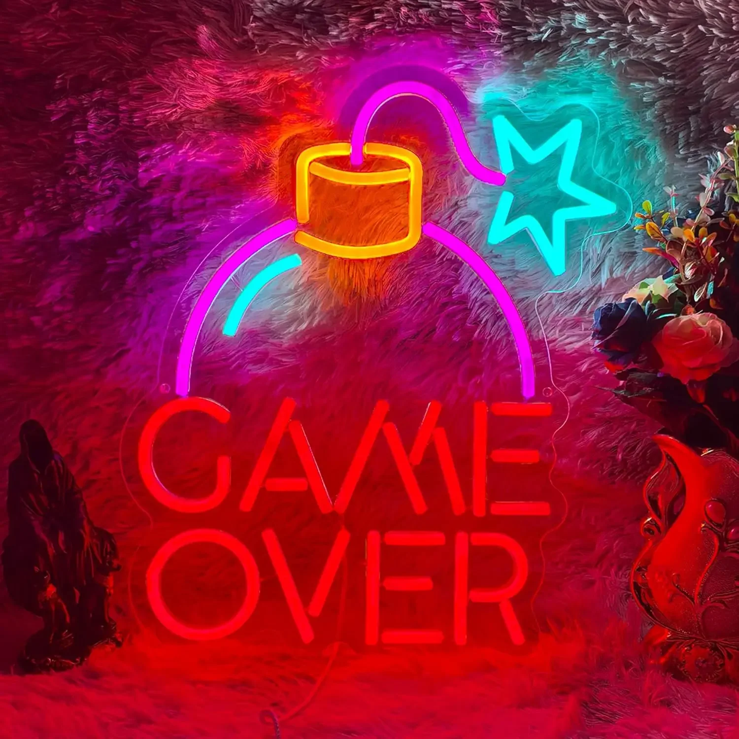 Game Over Red Pink Neon Light LED Wall Light Game Room Stream Setup Dimmable Bedroom USB Night Light Gift for Gamers Party Decor
