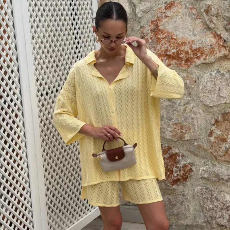 Tuularose Women's Knitted Shorts 2-piece Set Summer Casual Hollow Pullover Loose Shorts Set New Vacation Simple Women Shorts Set