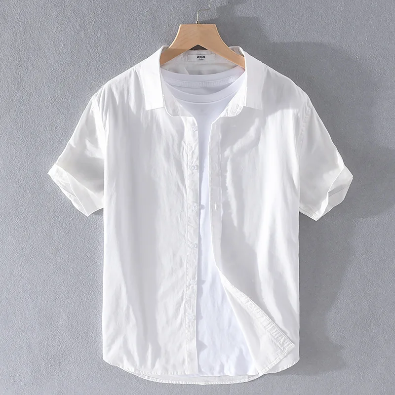 

Summer Men's Casual Ox Cloth irt Thin ort Sve Pure Color Cotton Comfortable Youth Faion Ci Sle Square Collar