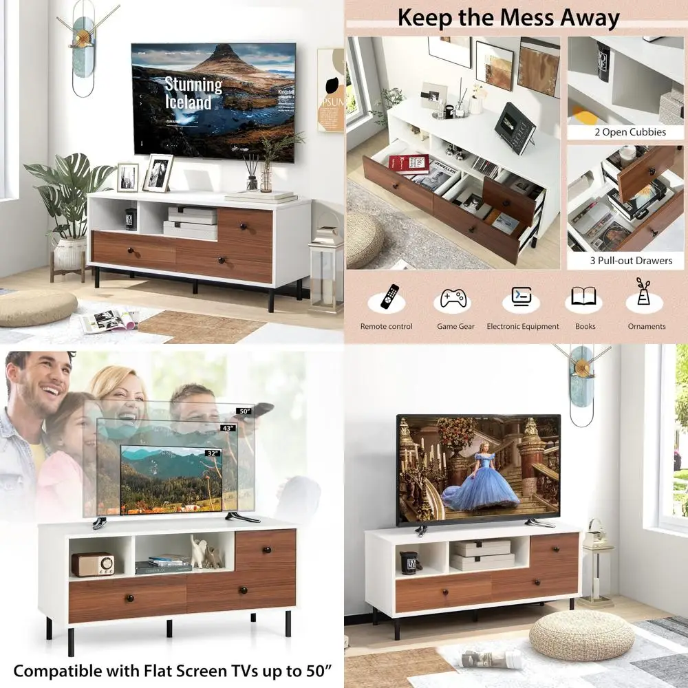 

50 TV Farmhouse Stand, Contemporary Console Table with 2 Shelves & 3 Drawers, Living Room Entertainment Storage Cabinet in White