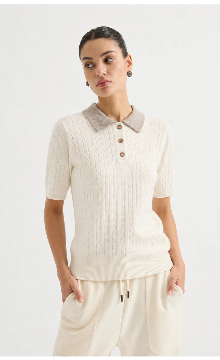 MZ62085 Damen-Pullover im Preppy-Stil mit Polokragen, Zopfmuster, kurzen Ärmeln, Kontrastkragen, Knopfdetails, Modal-Mischung, Oberteil für den frühen Herbst – Detail 8
