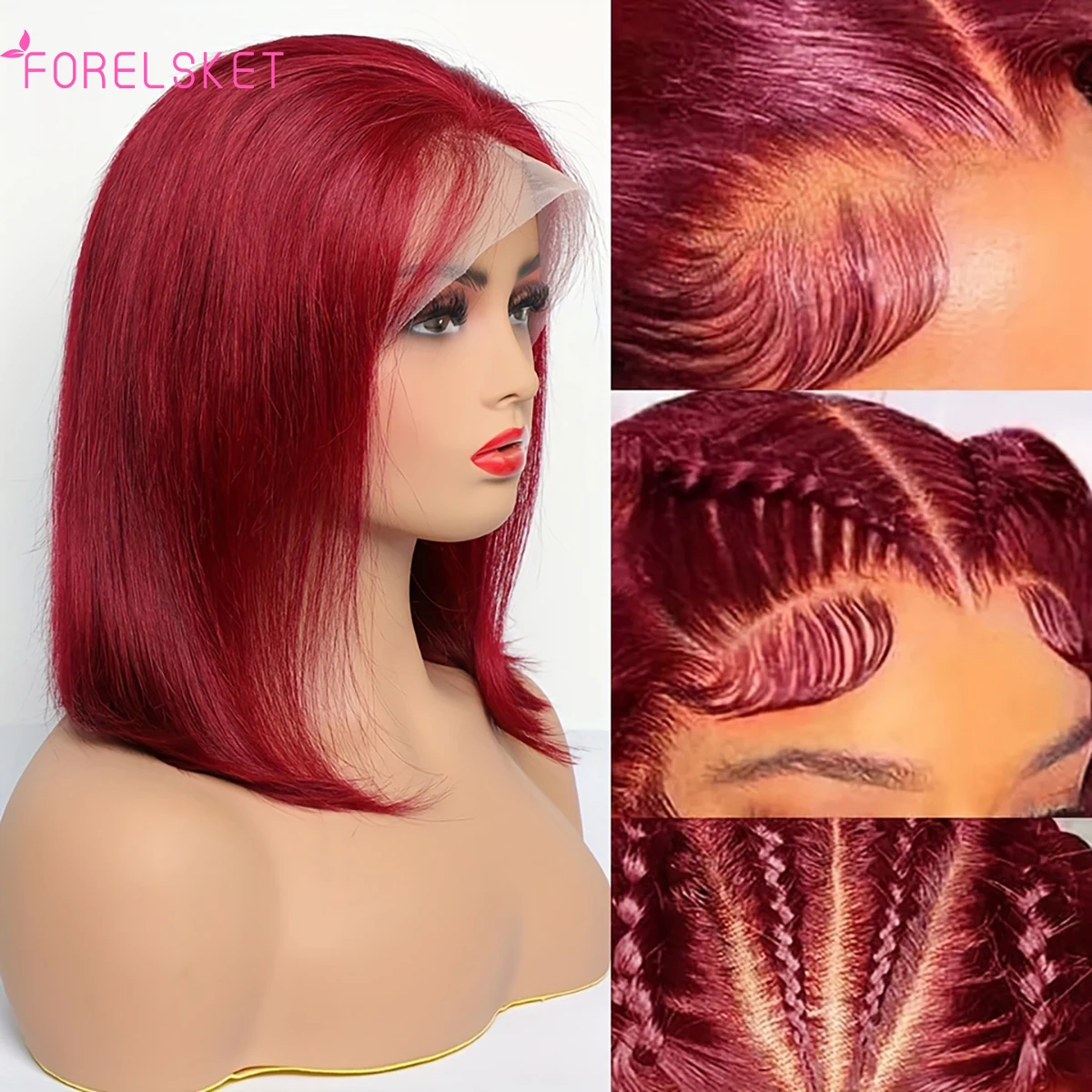 Peluca de cabello humano liso para mujer, frontal de encaje postizo, color rojo borgoña 99J, HD, transparente, Bob corto, peruano 99J, 13x4, prearrancado