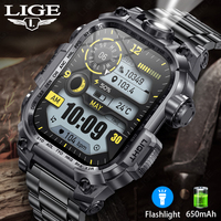 LIGE Flashlight Full Touch Smart Watch Men Outdoor Sport Blood Pressure Oxygen Fitness Watch 5ATM Waterproof Military SmartWatch