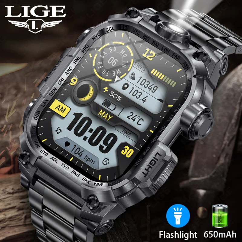 LIGE Flashlight Full Touch Smart Watch Men Outdoor Sport Blood Pressure Oxygen Fitness Watch 5ATM Waterproof Military SmartWatch 