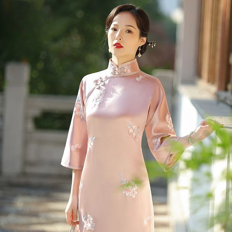 Autumn Chinese Traditional Women Cheongsam Pink Printed Mid Sleeve Stand Collar Modern Cheongsam Vestidos Elegantes Para Mujer