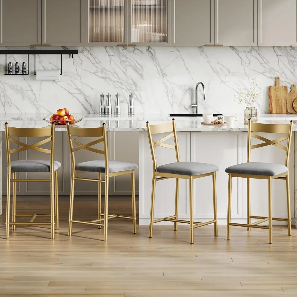 Set of 4 Metal Bar Stools with X-Back, Thick Cushion, Waterproof PU Leather for Dining Room and Restaurant Use