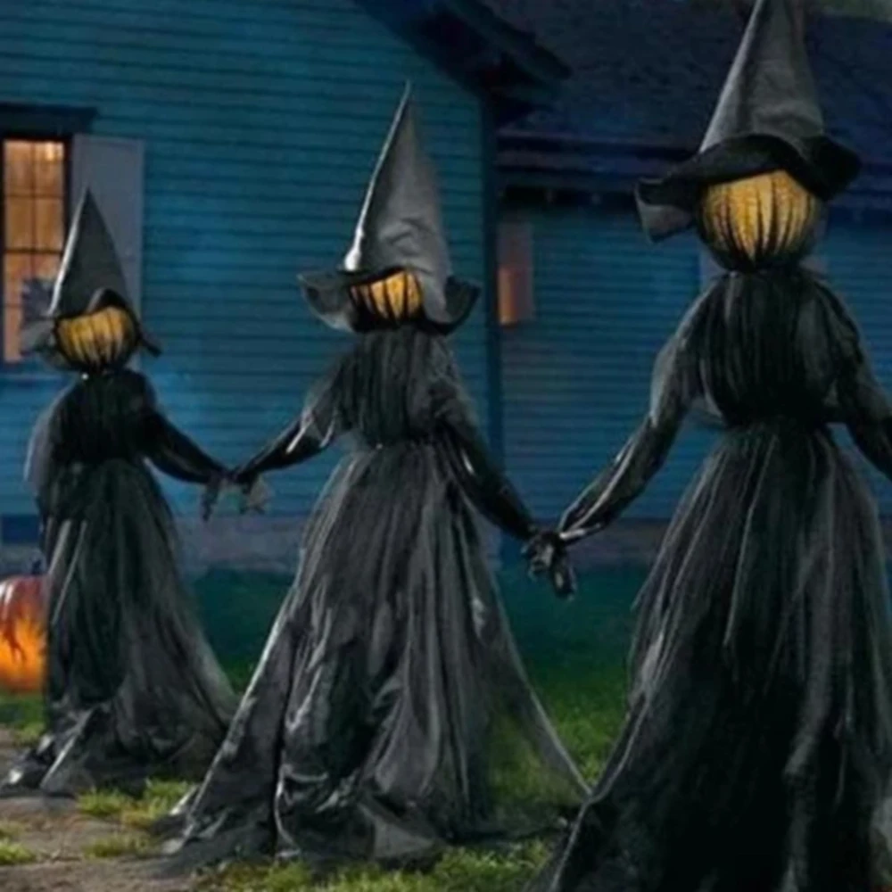 Halloween Light-Up Witches Decoration with Stakes Outdoor Holding Hands Screaming Witches Sound Activated Sensor Decor Dropship