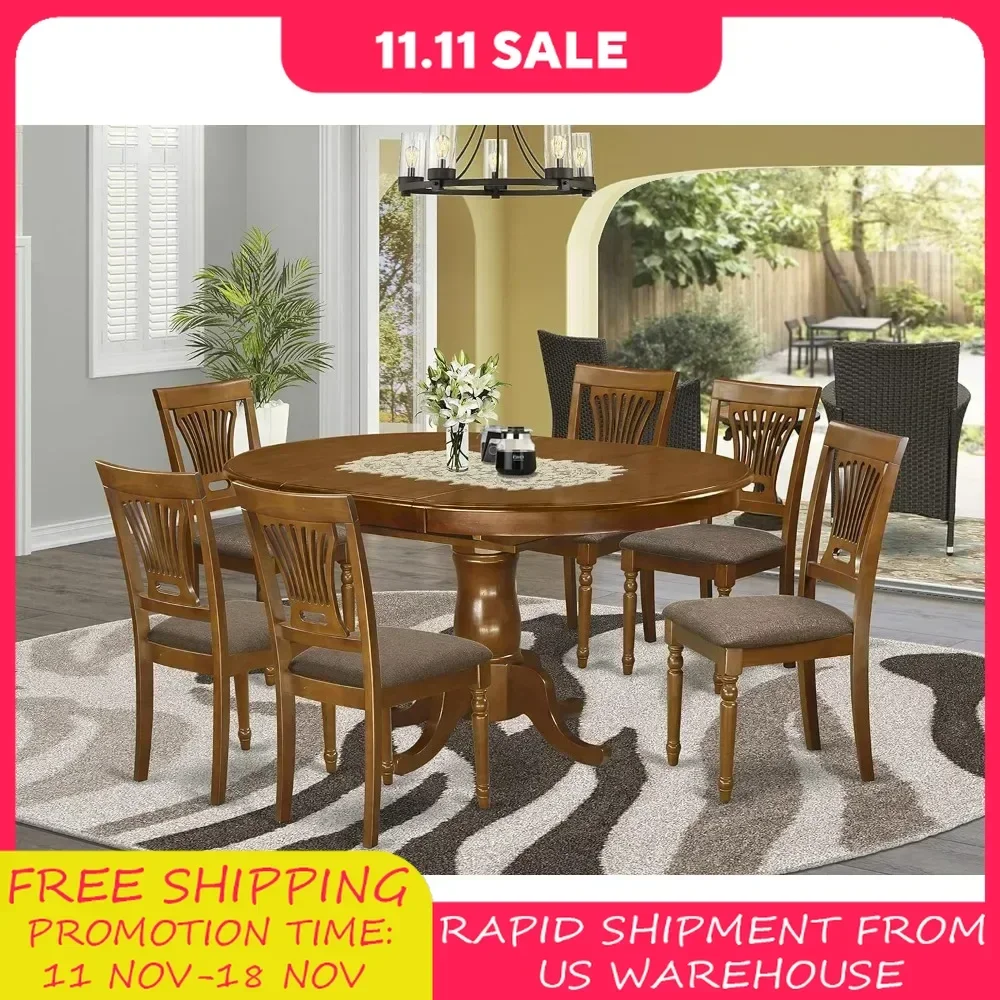 

Dining Room Furniture Set 7 Piece Consist of an Oval Kitchen Table with Butterfly Leaf and 6 Linen Fabric Upholstered Chairs