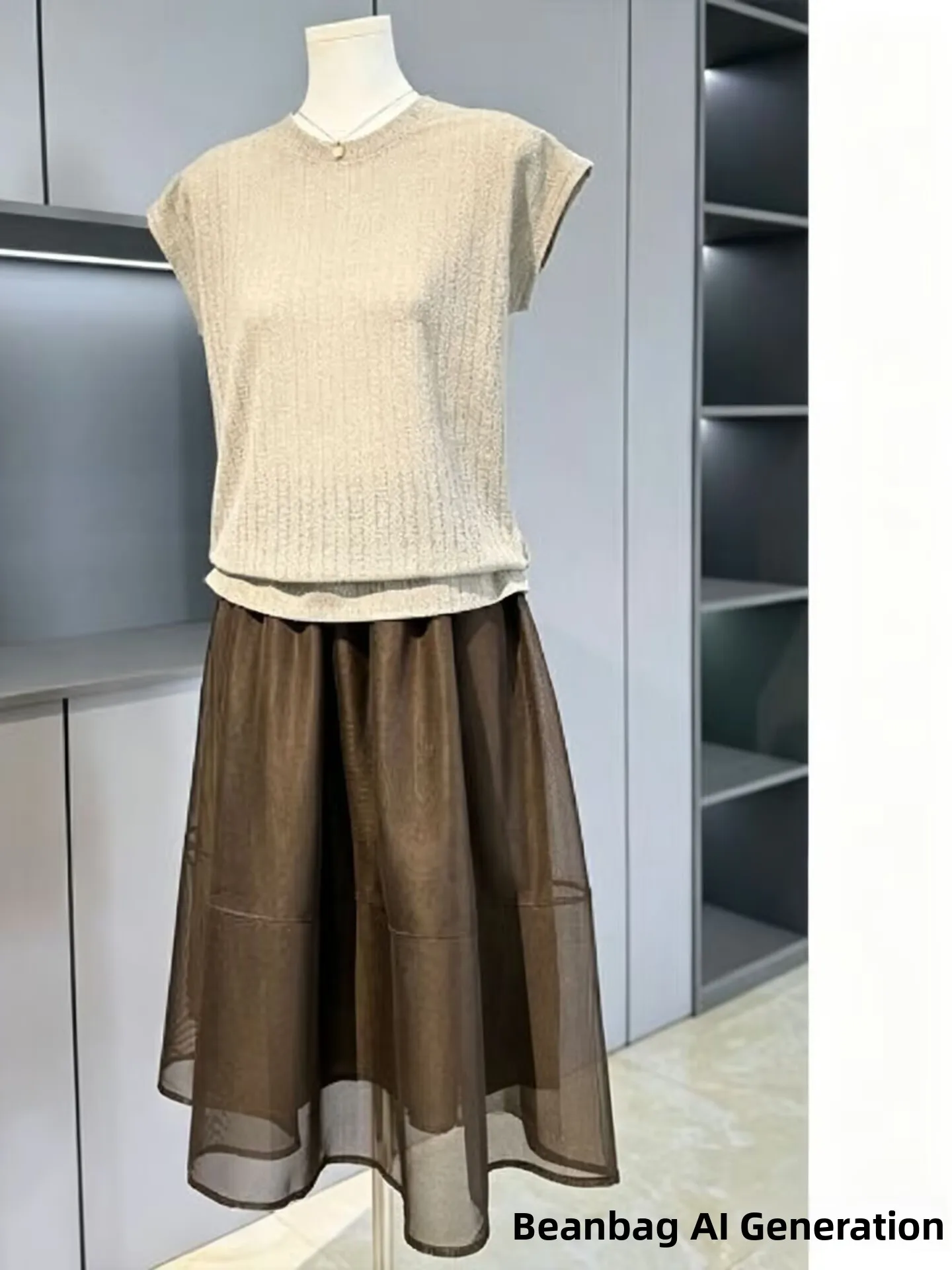 

Elegant Short Sleeve Dress Set for Older Women Summer Fashion High Waist Breathable round Neck Two Piece Suit Casual Mom Wear