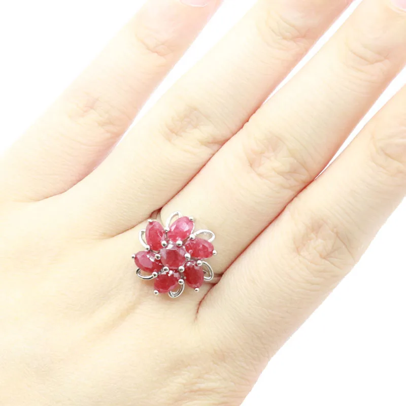 Buy 5 Get 1 Free 16x16mm Gorgeous Flowers Shape Red Rubies Women Engagement Silver Ring Daily Wear