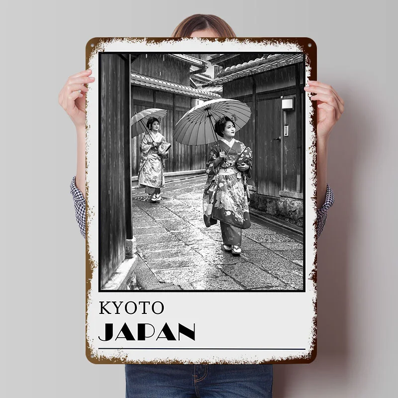 Kyoto Japan Black and White Photo Travel Metal Poster Custom Wall Art Retro Vintage Tinplate Signs for Man Cave Bathroom Decor