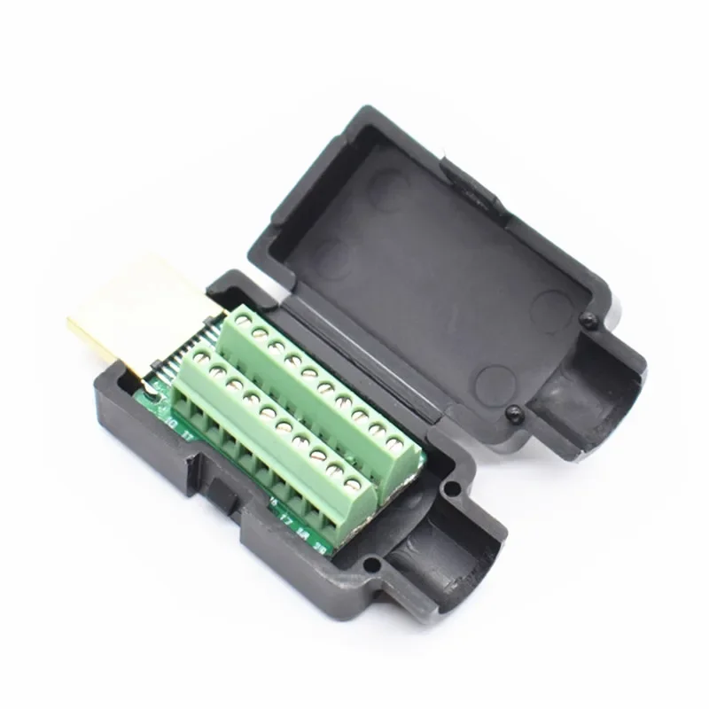 Terminais HDMI macho Plug Breakout, conector Solderless com tampa preta, 19P