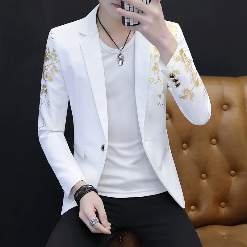 2023 Korean Style Gilded Flower Men Blazers Slim Fit Casual Business Suit Jackets Street Wear Social Wedding Groom Dress Coat