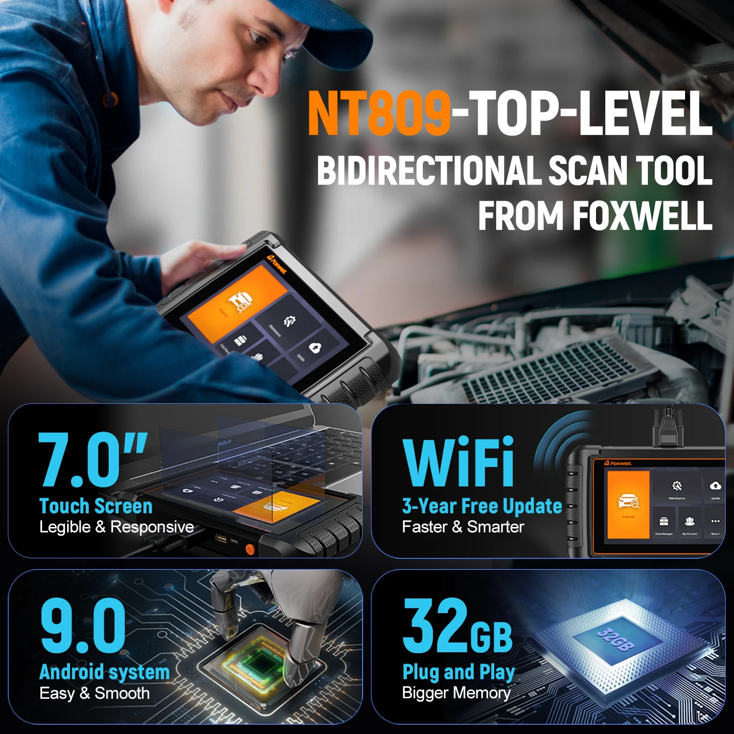 FOXWELL NT809 OBD2 Car Diagnostic Scanner Full System Active Test 30+ Reset Bi-directional Test OBD2 Automotive Scanner Tools