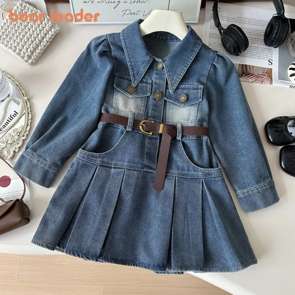 

Bear Leader Girls Dresses 2025 Spring and Autumn Korean Version Lapel Long Sleeved Blue Denim Dress Kids Fashion Clothes