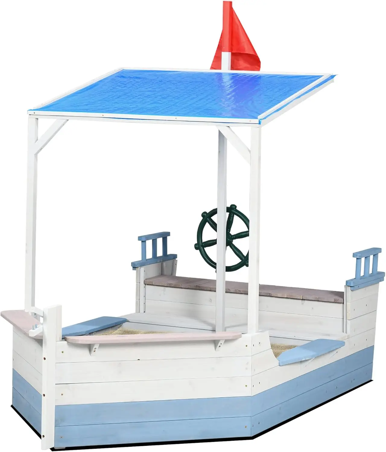 Outsunny Kids Sandbox with Canopy, Pirate Ship Wooden Sand Boxes with Bench for Backyard, Sand Pit for Toddlers, 83