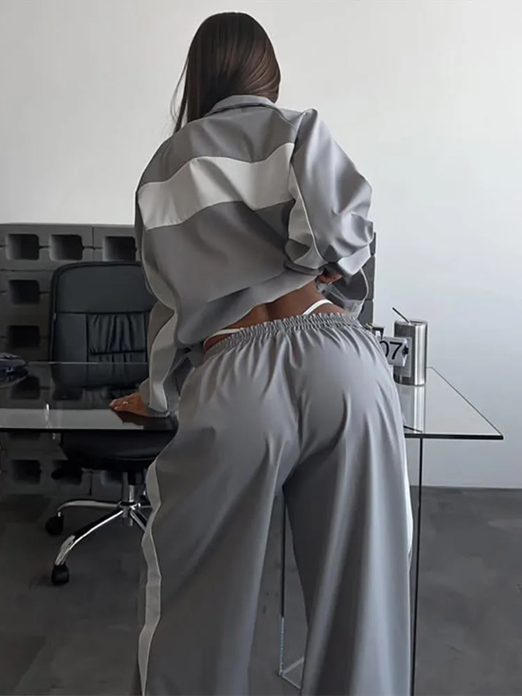 Getäfeltes, langärmliges, übergroßes Oberteil, Hosen-Sets für Damen, Streetwear, Laternenärmel, Reißverschluss, lockerer Mantel, Hose mit weitem Bein, modische Sportbekleidung – Detail 24