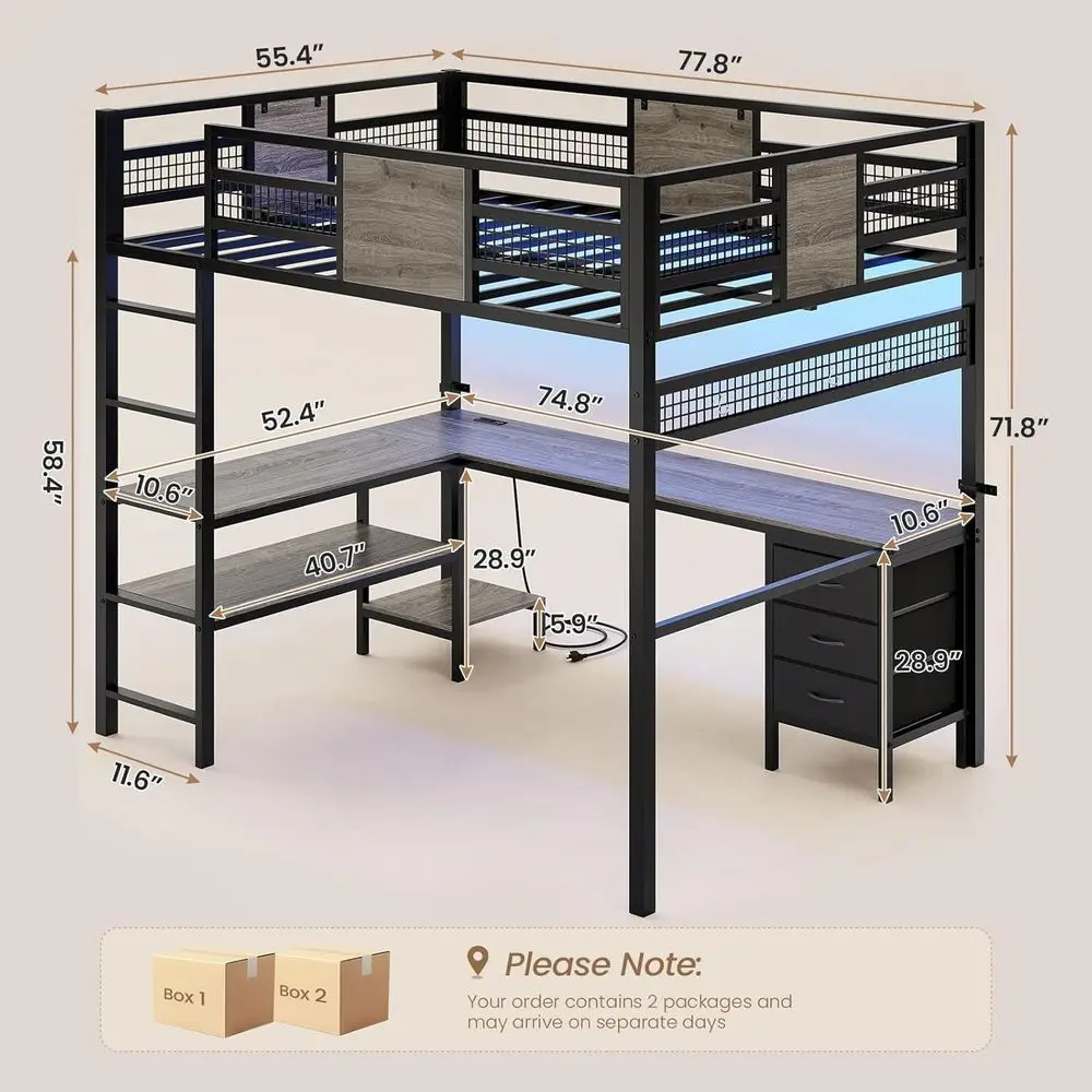 Full Size Loft Bed with L-Shaped Desk, 3 Storage Drawers, LED Lights, Charging Station, Open Storage Shelf, Metal Bed Frame with view 2