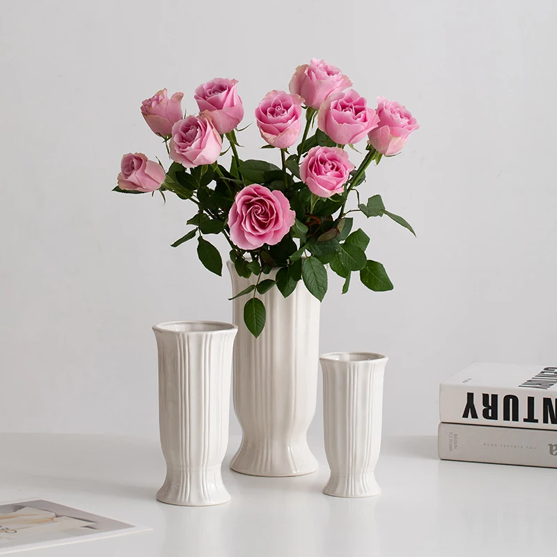 Nordic Style Wide Mouth Ceramic Flower Vase White Dry Flower  Flower Decorative Living Room Study Table Decoration Flowe...