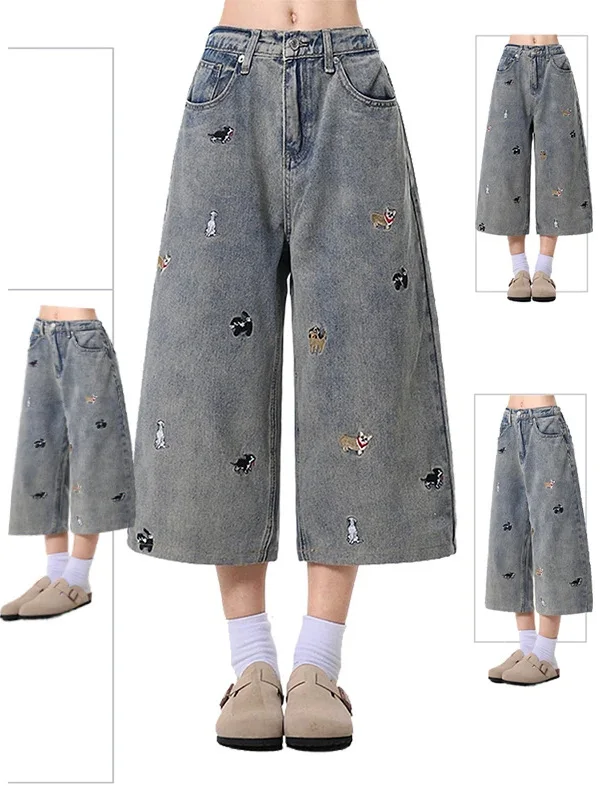 

Cute Pet Dog Embroidered Denim Jeans Men Women Sle Summer Thin Straight Leg Wide Leg Pants Trendy Slimming Pants