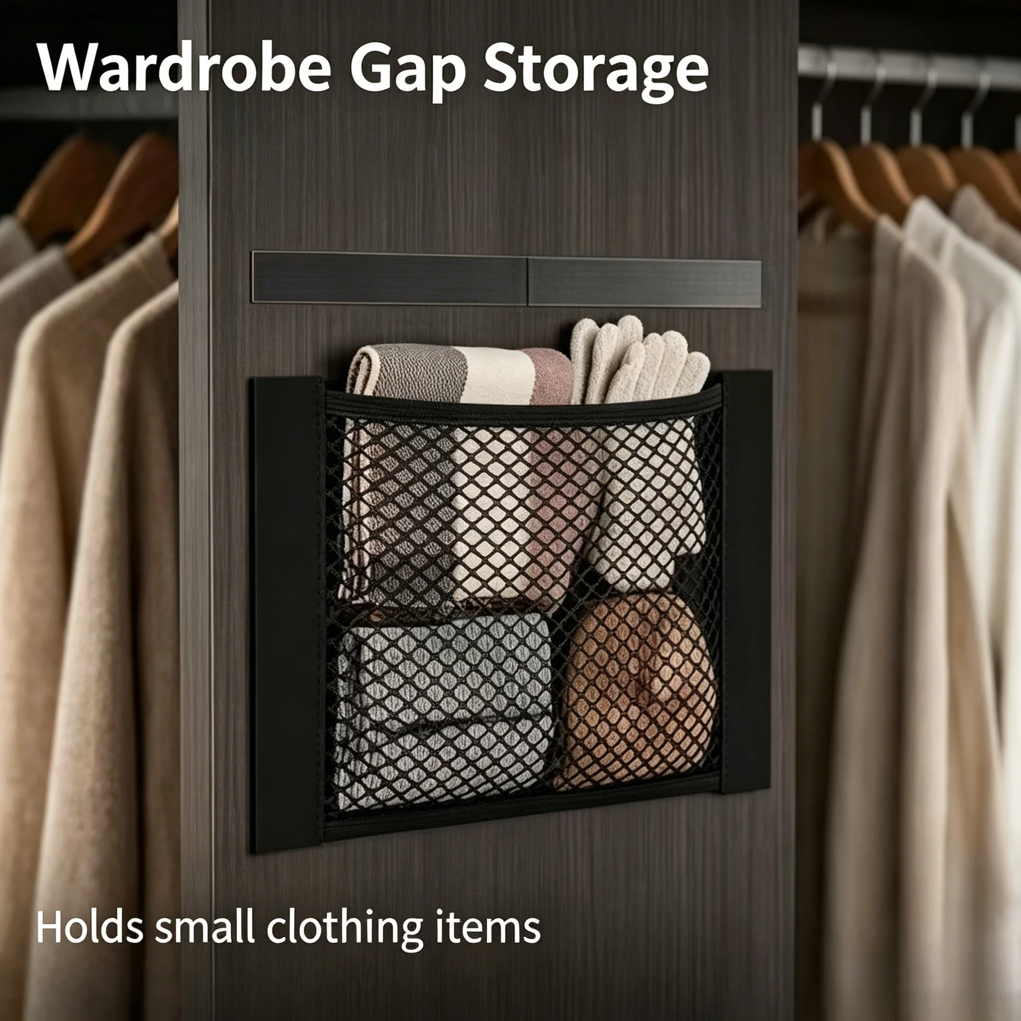 2pcs No-Drill Strong Adhesive Mesh Storage Bags for Wardrobe Gaps, Wall-Mounted Storage for Cabinet Doors, Car Trunk, RV Camping