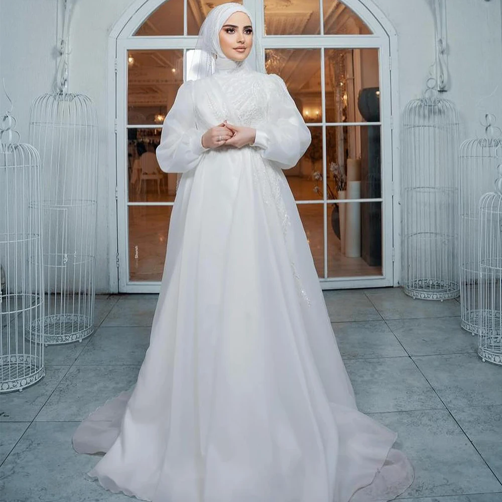 

Summer Muslim Wedding Dresses for Bride High Neck Long Sleeve Sweep Train Beading Hijab Women Bridal Gowns свадебное платье