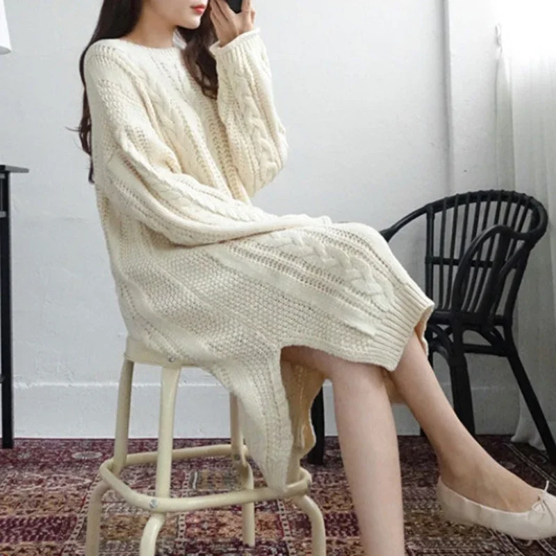 Apricot Thicken Loose Knit Dress Woman Autumn  O Neck Elegant Knitted Bodycon Dress Female Split Sweater Winter Clothing