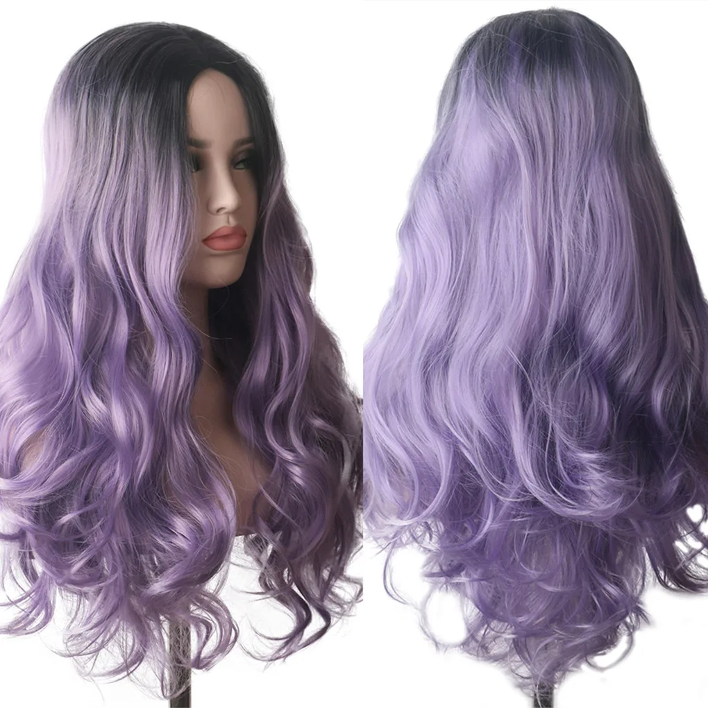 Dyed gradient with long curly hair big wave wig  chemical fiber headgear