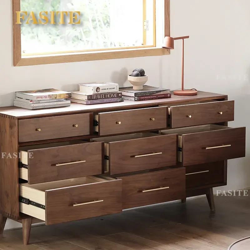 Nordic Solid Wood Chest Cabinet Japanese Style Black Walnut 9 Drawer Storage Unit for Living Room Dining Sideboard Bedroom