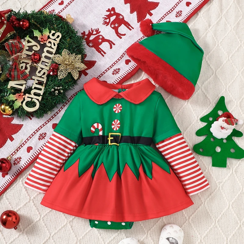 0-18M Toddler Baby Girls Christmas Elf Costume Outfit Infant Long Sleeve Doll Collar Romper Dress with Hat 2Pcs Kid Clothes Set