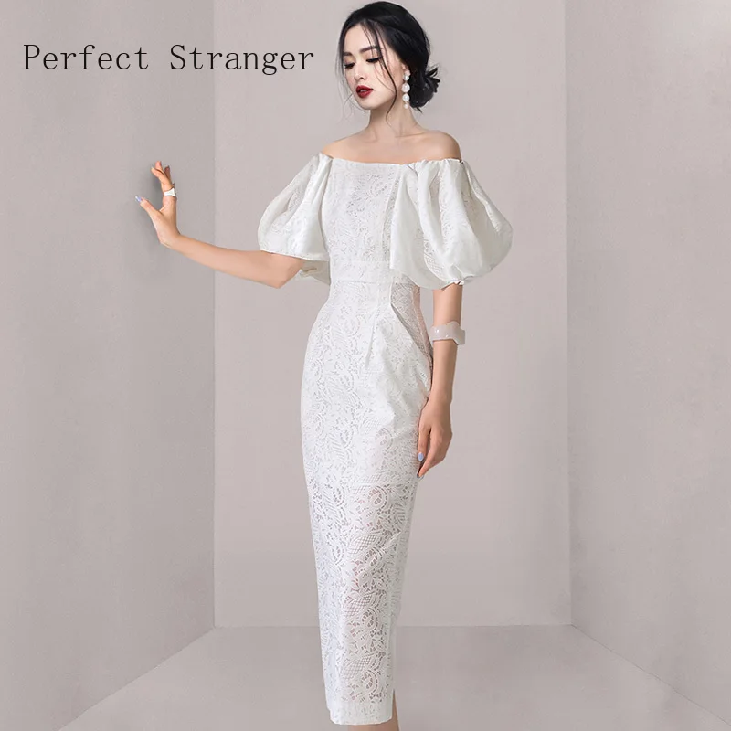 Women Sexy Elegant Off Shoulder  Lace Hollow Out See Through Pencil Dress Summer New Fitted Solid Color Korea Sheath Vestidos