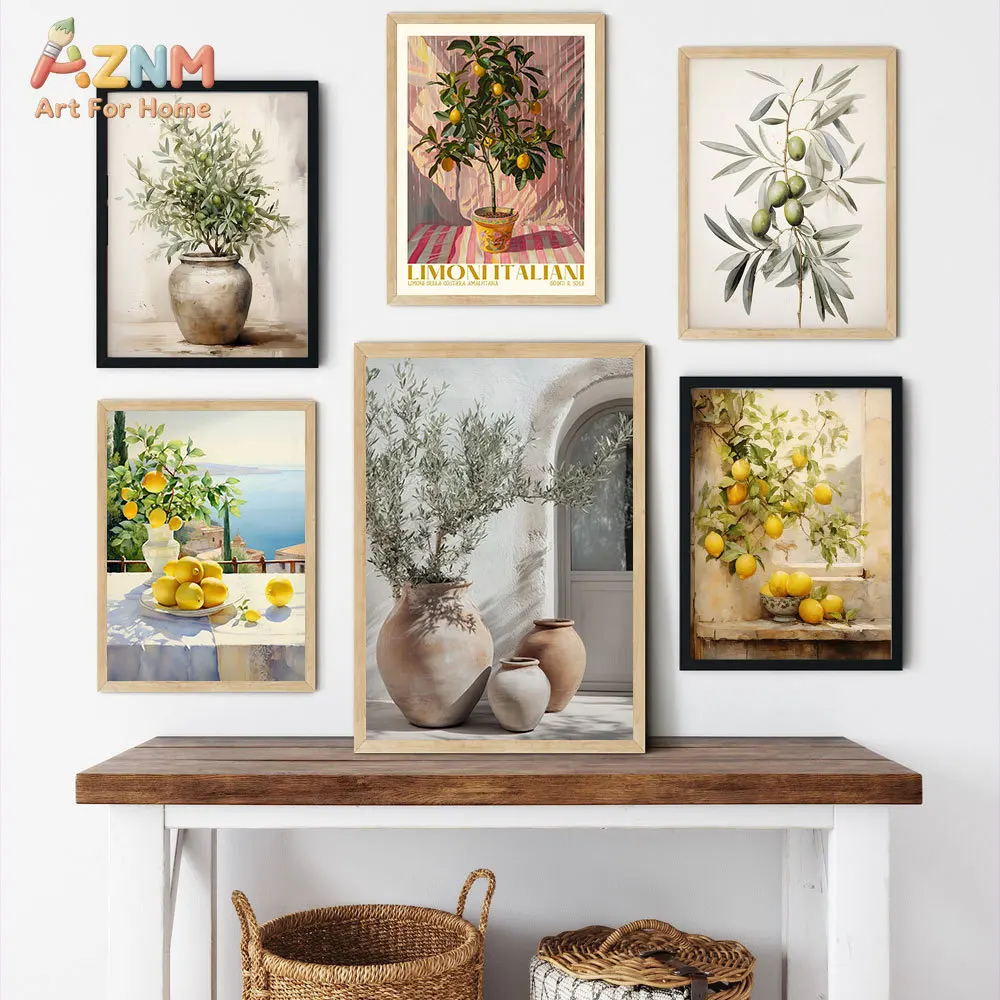AZNM Unframed Canvas Print Mediterranean Lemon Olive Tree Wall Art Vintage Botanical Kitchen Home Decor Poster