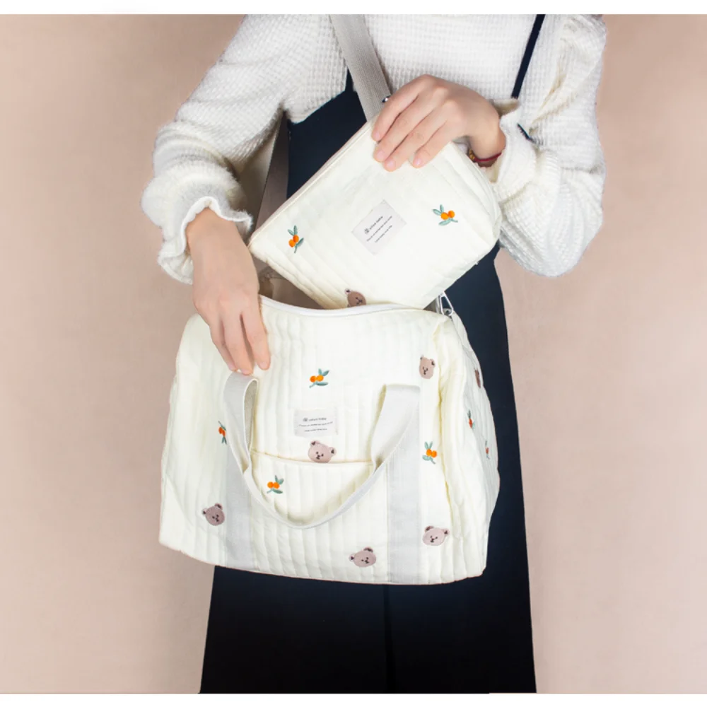 Sac à couches matelassé à fermeture éclair en tissu de coton ours, motif de broderie, bébé, beige, sac de piste, sac à bagages initié au voyage,