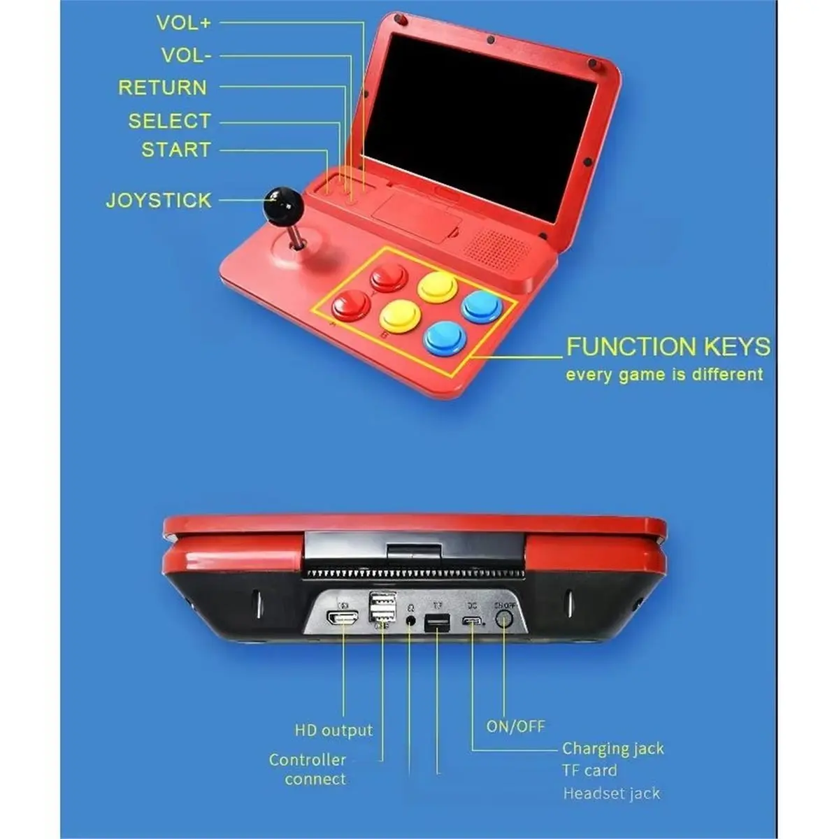 Video Game Console 10 Inch Large Screen Detachable Joystick HD Output Retro Game Players