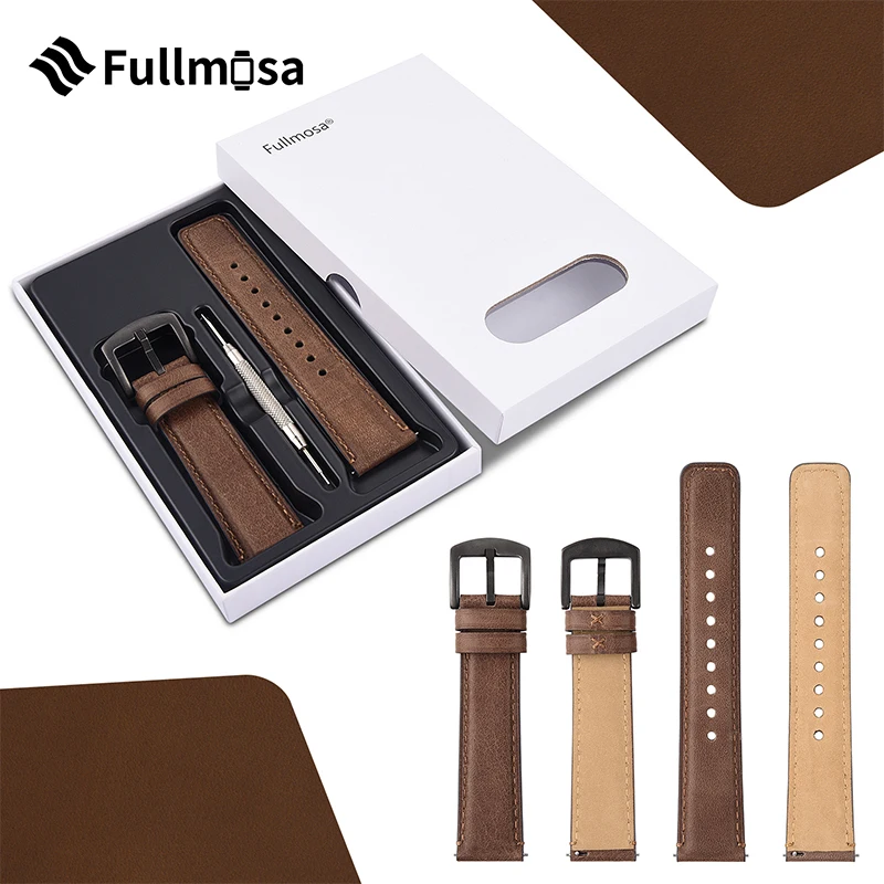 Fullmosa Genuine Leather Watch Strap 18mm 20mm 22mm for Samsung Galaxy Watch/HuaWei Watch/Garmin Watch Vintage Cowhide WatchBand