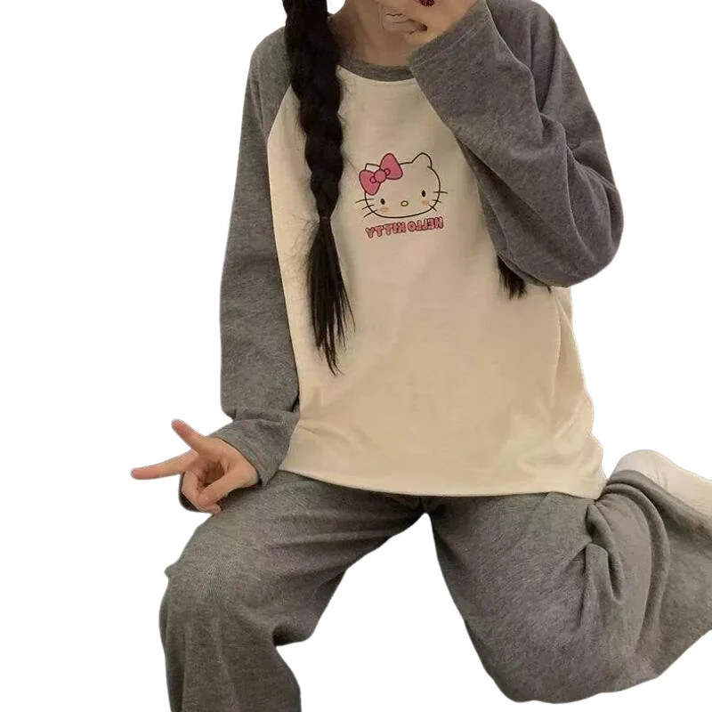 

Sanrio Hello Kitty Young Girl Pajamas Kawaii Cartoon Student Autumn and Winter Long Sleeves Long Pants De Rong Homewear Set New